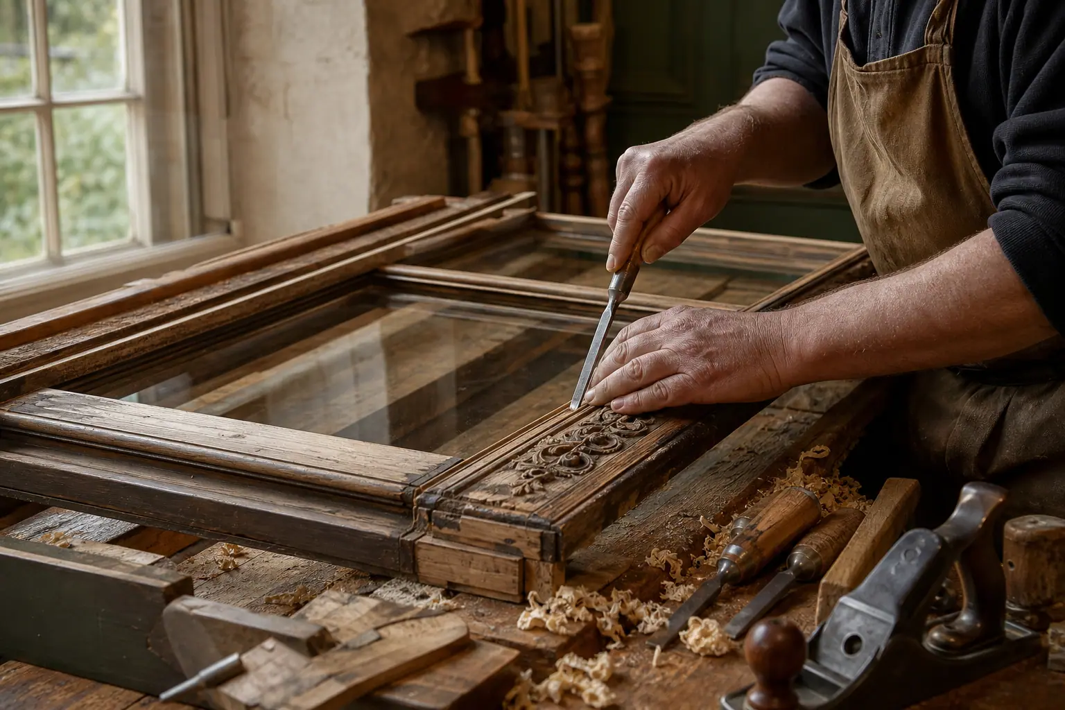 Craftsman restoring a heritage timber sash window in the workshop